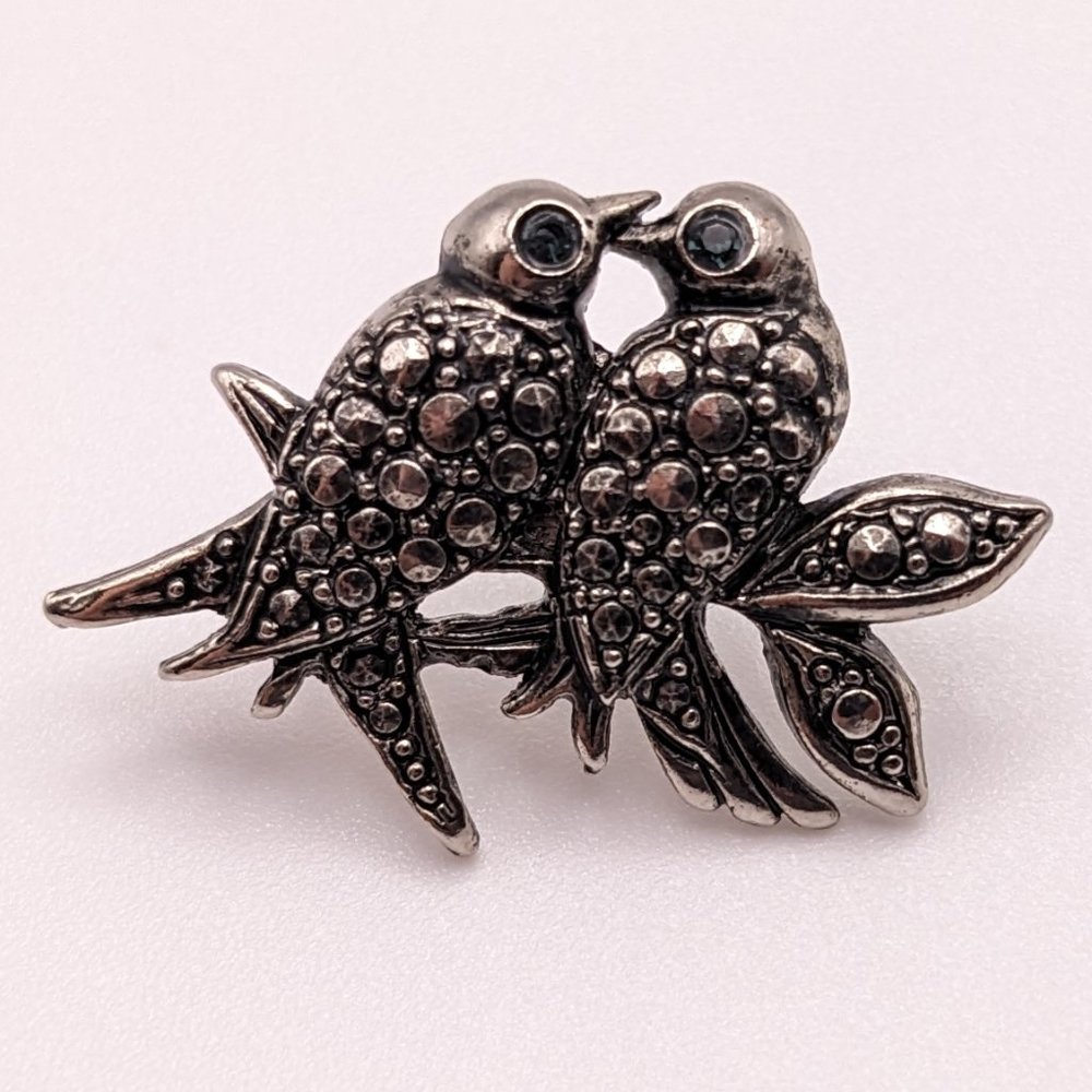 marcasite lovebirds on a branch brooch w/ blue crystal eyes